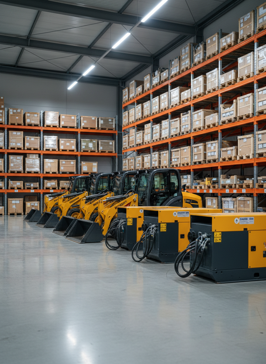 A row of robust utility machinery lined up inside a modern industrial warehouse, featuring bright yellow and steel-gray equipment such as compact loaders, mobile generators, and hydraulic power units. The polished concrete floor reflects subtle glints of light from overhead LED fixtures. In the background, tall shelving holds neatly organized crates and components, with signage-free labels in neutral colors. The image is captured at eye level with a slightly wide angle, sharp focus throughout, emphasizing scale and reliability. Cool, even lighting creates minimal shadows, giving a clean, professional B2B atmosphere in a Constanta distribution hub. Photographic realism with a crisp, corporate aesthetic that communicates industrial competence and readiness for order fulfillment.
