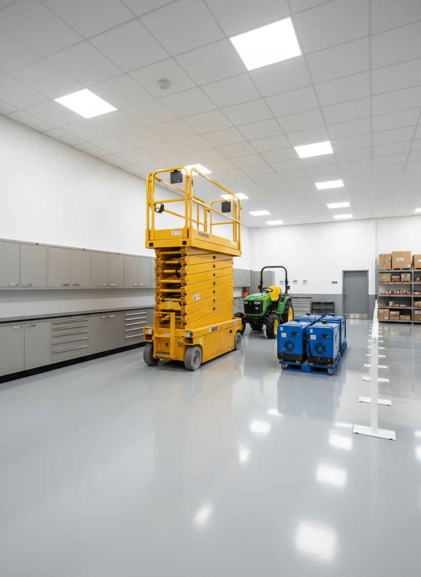 An indoor service bay dedicated to pre-delivery inspection of utility machinery, featuring a robust scissor lift, a compact utility tractor, and a set of portable power units neatly arranged on a spotless, light-gray epoxy floor. Tool cabinets, safety barriers, and storage racks are present but kept visually minimal and logo-free, emphasizing cleanliness and order. Bright, uniform LED panel lights from the ceiling provide crisp, shadow-free illumination, revealing every surface detail and metallic texture. The camera is positioned at a slightly elevated angle, capturing the entire bay in sharp focus. Photographic realism with a clinical, precise mood that underscores quality control, reliability, and professional service expected from a B2B distributor.